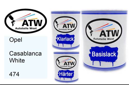 Opel, Casablanca White, 474: 1L Lackdose + 1L Klarlack + 500ml Härter - Set, von ATW Autoteile West.
